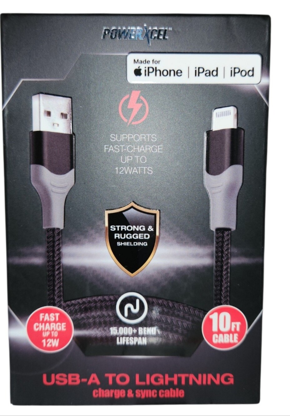 PowerXcel 10ft USB-A Lightning Charge & Sync Cable for iPhone/iPad- NIB